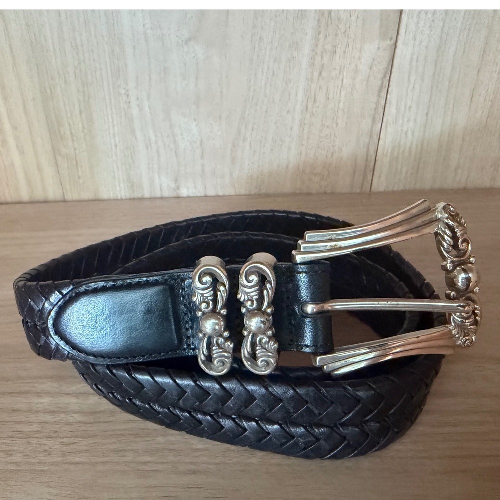 Vintage Brighton Sz 32 M/L Leather Black Braided Silver Buckle Belt Western 90s